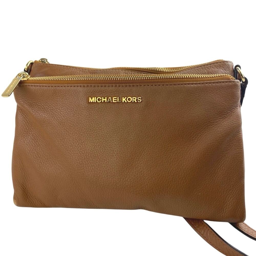 Michael Kors Women's Brown Pebbled Leather Double Zip Adjustable Crossbody Bag - Picture 2 of 8